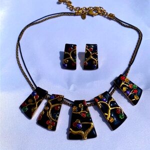Haute Couture Chico's Sakura Asian Motif Enamel Necklace and earrings.